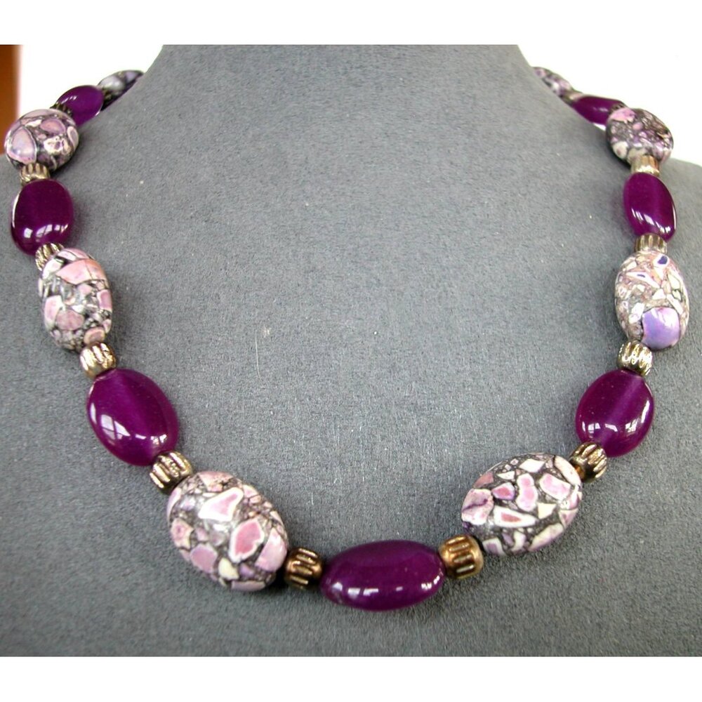 Handcrafted Purple Gemstone Beaded Necklace With Lobster Clasp 16"